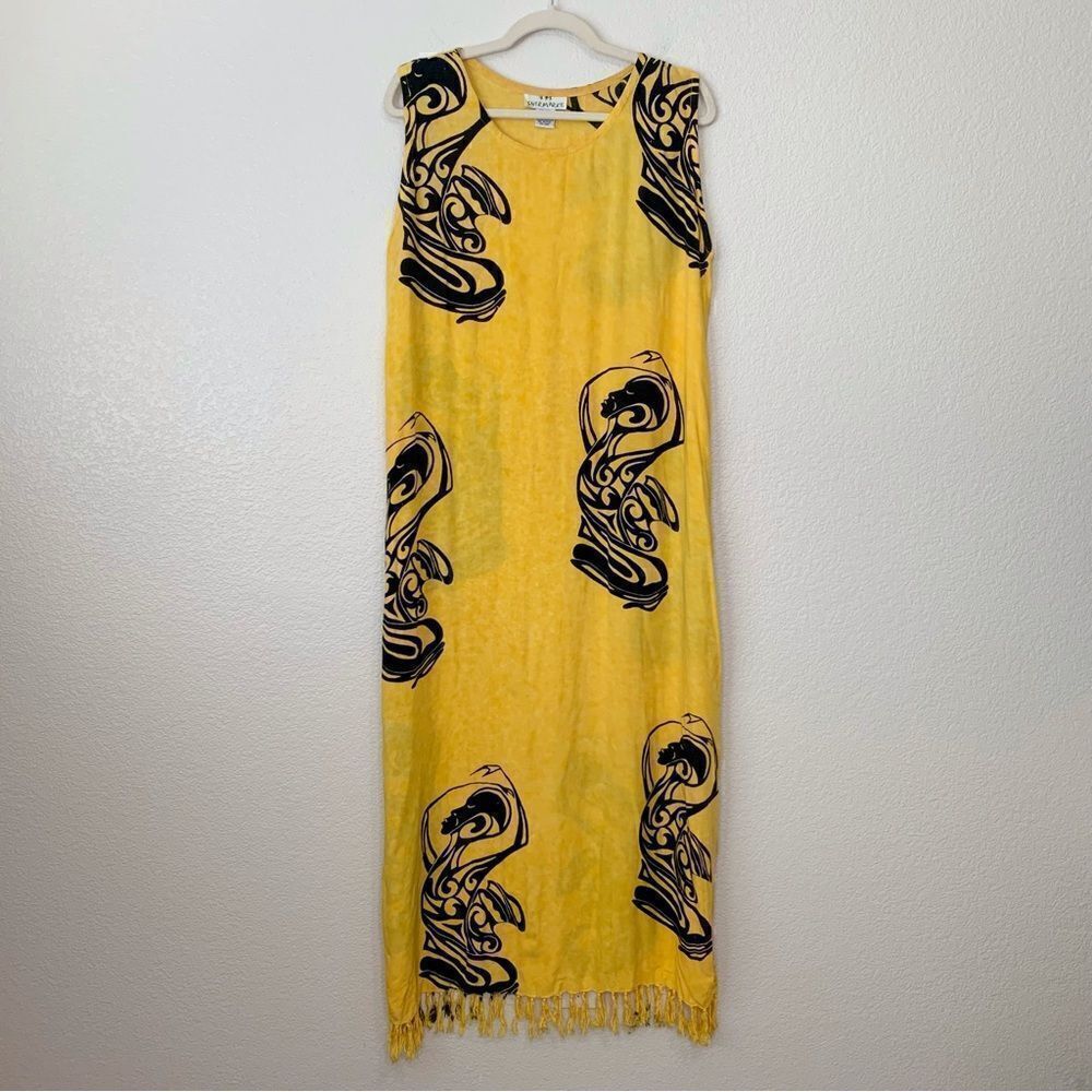 Shermarke Boho Fringe Yellow Sleeveless Maxi Dress, Size XL